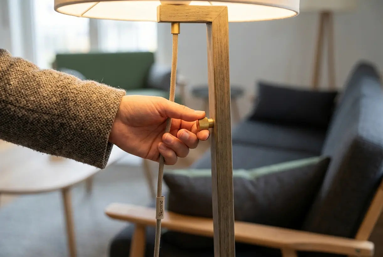 Hand die dimmerschakelaar op moderne staande lamp aanpast