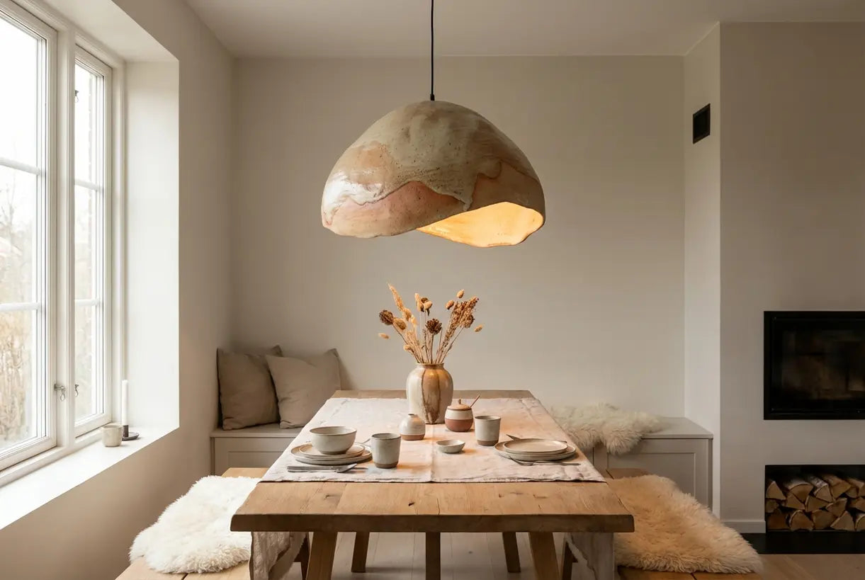 Getextureerde keramische hanglamp die een Scandinavische eetkamer verlicht met warme sfeerverlichting