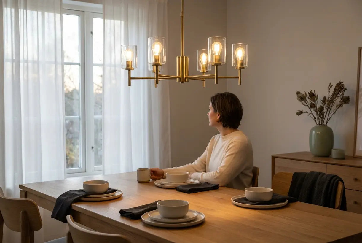 Scandinavische eetkamer met kroonluchter met warme E12 kandelaberlampen