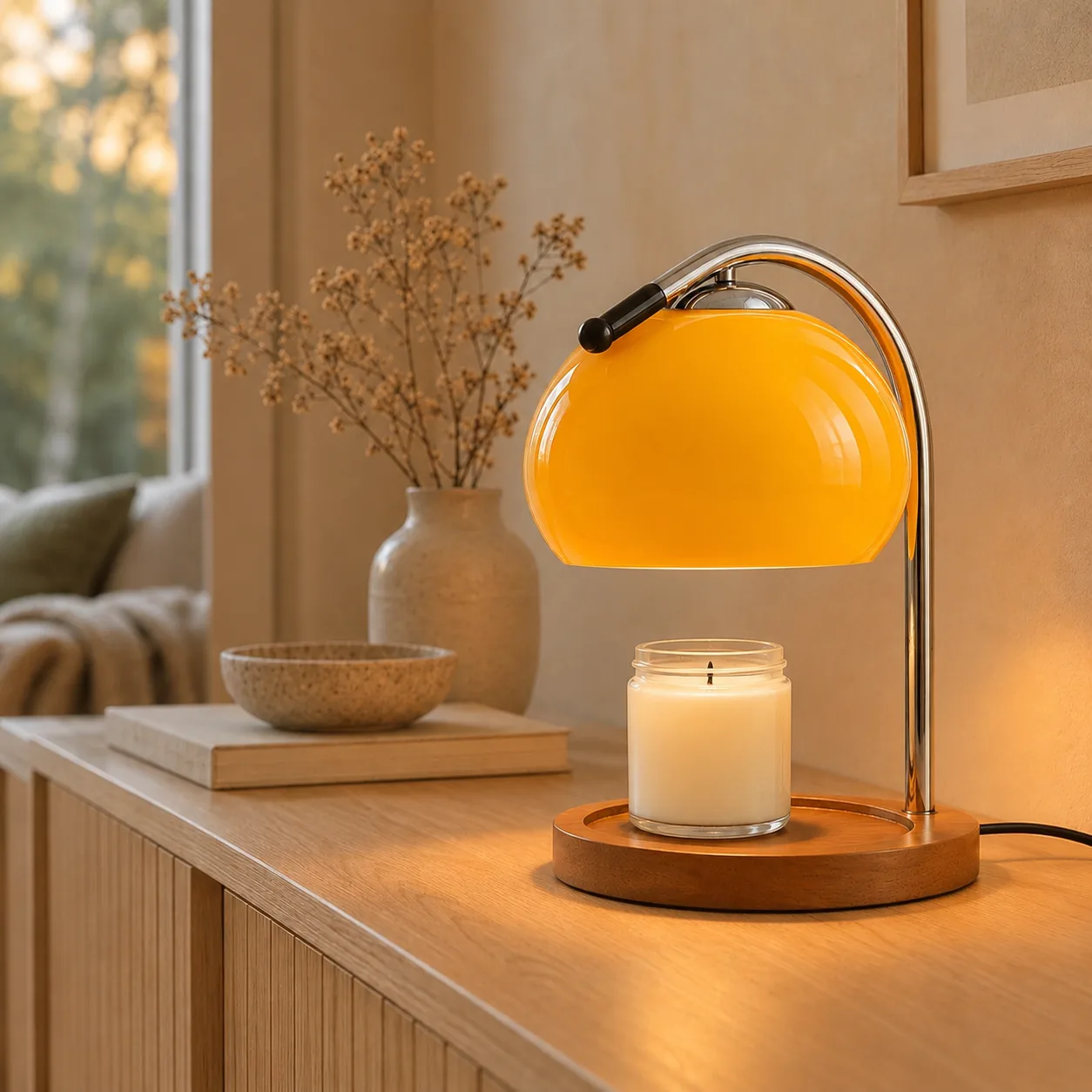 Solvarm Stained Glass Candle Warmer Table Lamp, styled in a Scandinavian interior