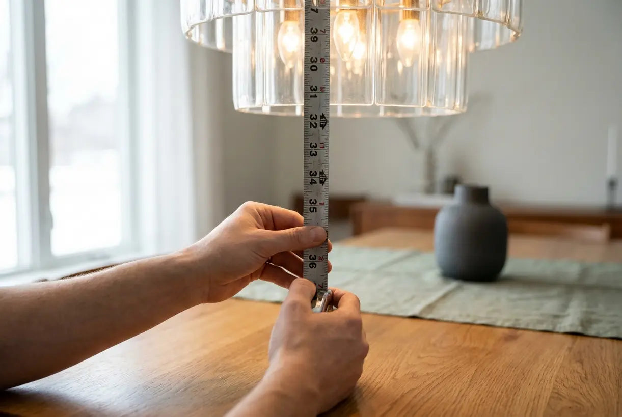 Höhe des Kronleuchters über dem Esstisch mit dem Maßband messen: 76-91 cm Abstand