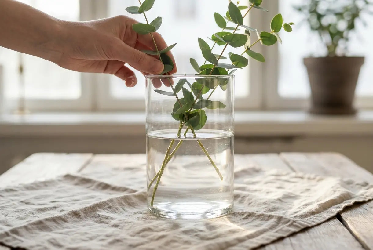 Hands arranging eucalyptus in clear glass flower vase with natural light