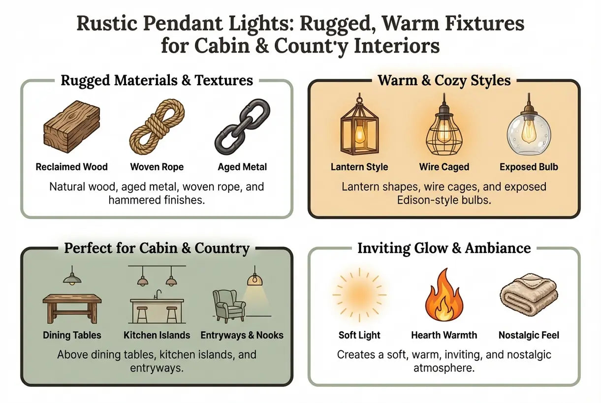 Rustieke hanglampen: Robuuste, warme armaturen voor hutten & landelijke interieurs - infographic