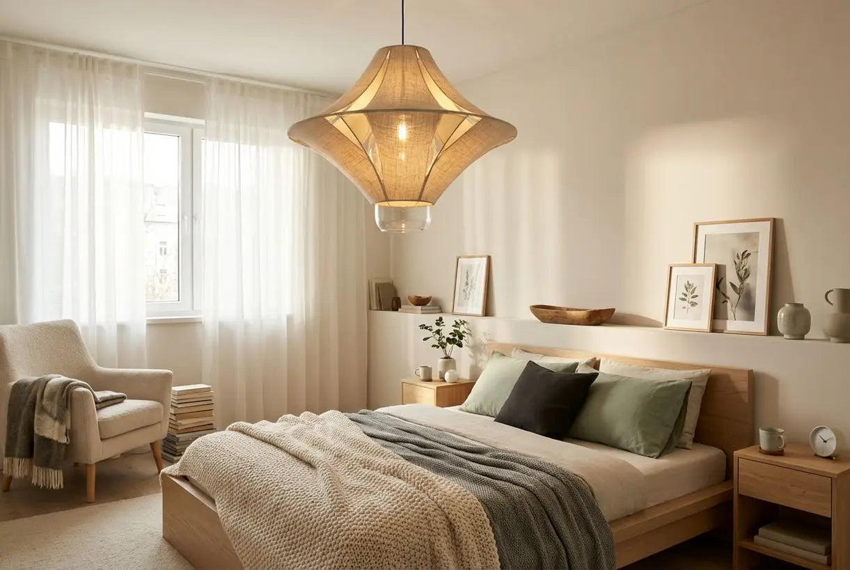 Scandinavische slaapkamer met elegante plafondlamp en warme sfeerverlichting in de slaapkamer
