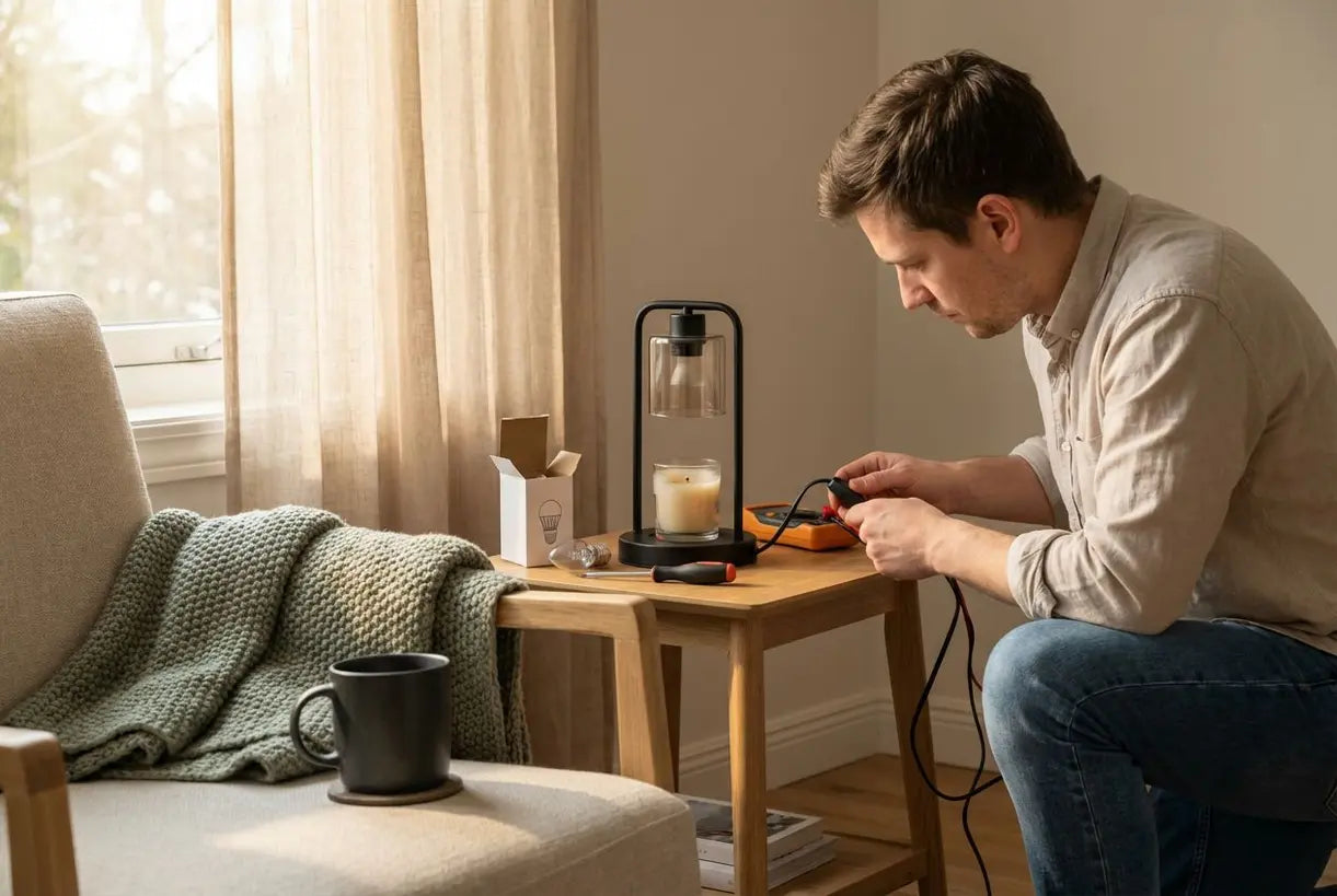 Probleemoplossing kaarsenwarmerlamp in Scandinavische woonkamer huissetting