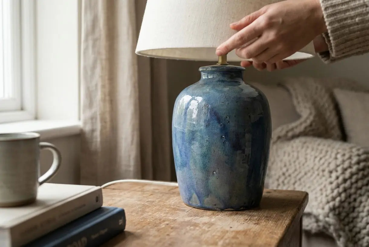 Textuur van een blauwe keramische lampvoet met ambachtelijk glazuur in natuurlijk licht