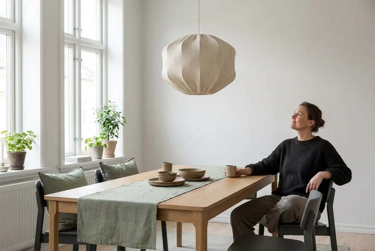 Scandinavian dining room with pendant light hung at perfect height above wooden dining table