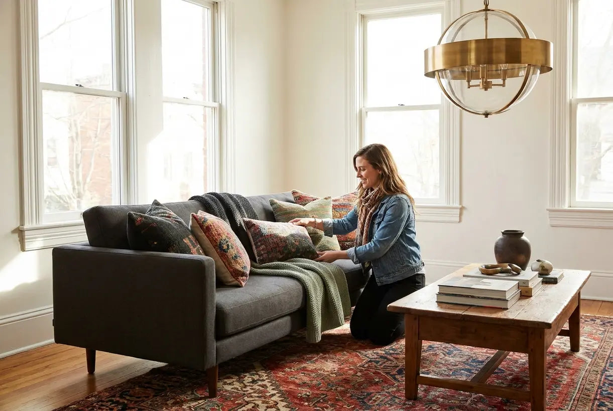 Woman styling eclectic living room with mixed styles, colorful pillows and statement lighting