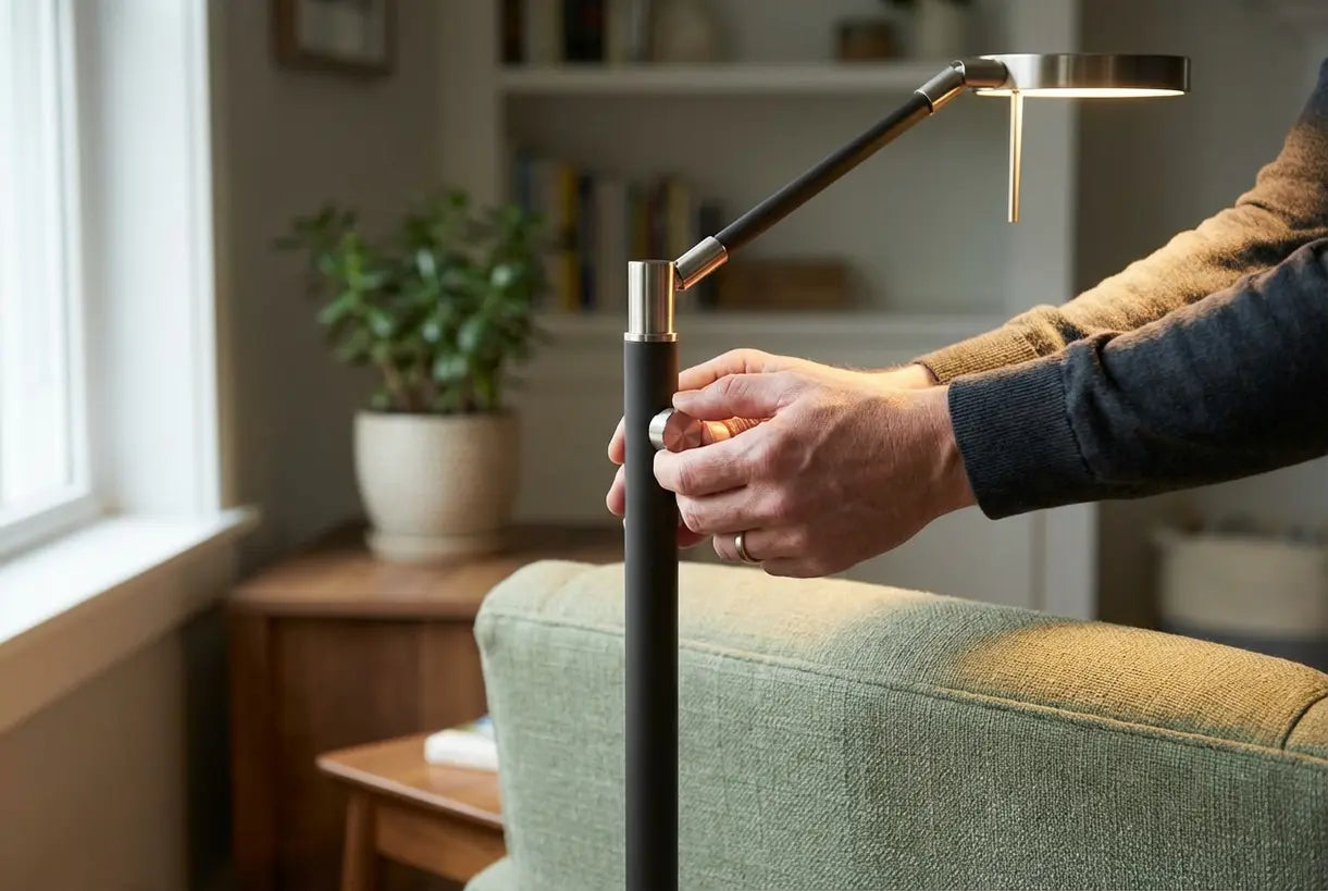 Persoon die de dimmer van een energiezuinige LED vloerlamp aanpast in een moderne Scandinavische woonkamer