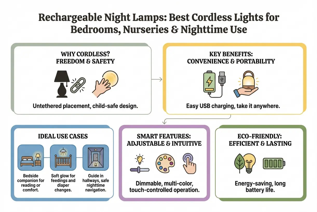 Oplaadbare nachtlampen: Beste draadloze lampen voor slaapkamers, kinderkamers & nachtelijk gebruik - infographic