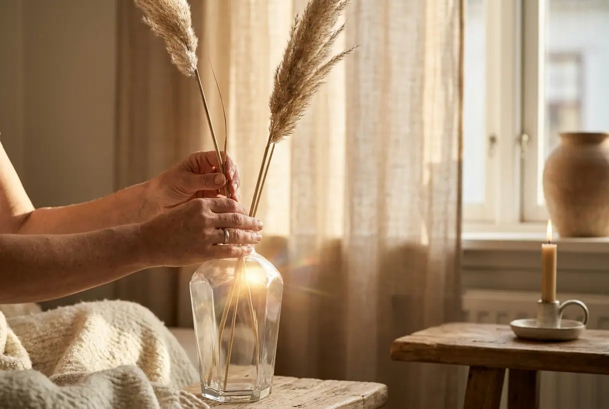 Hands arranging dried flowers in reflective glass vase with natural sunlight for home decor styling.