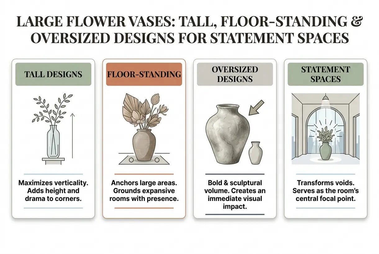 Large Flower Vases: Tall, Floor-Standing & Oversized Designs for Statement Spaces - infographic