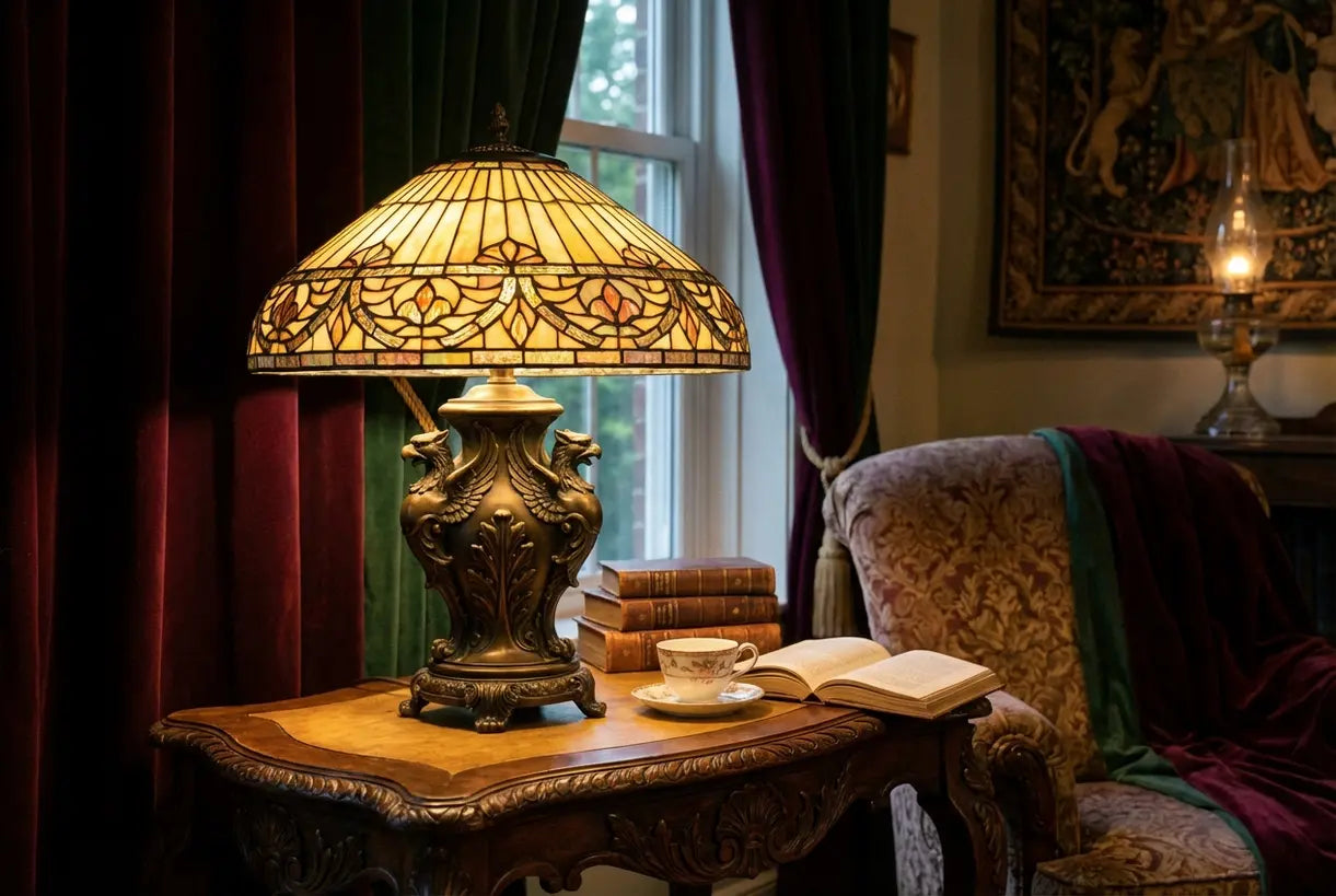 Victoriaanse tafellamp in elegante leeshoek in periodestijl met warme sfeerverlichting