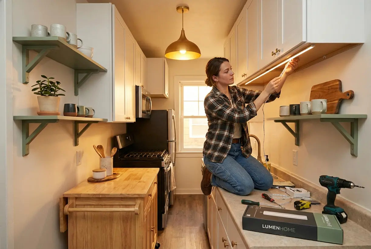 Galley kitchen with layered Scandinavian lighting including pendants and under-cabinet LEDs