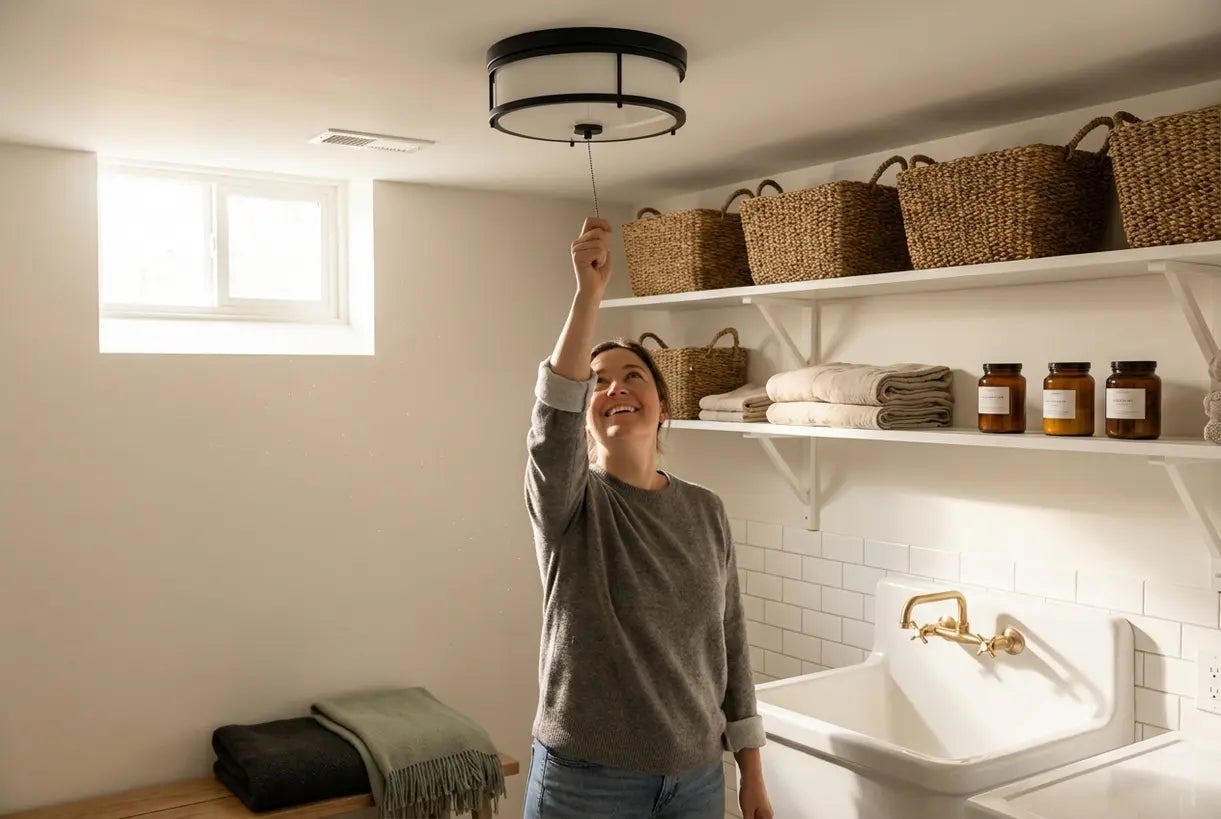 Huiseigenaar bedient plafondlamp met trekschakelaar in moderne kelderwasruimte