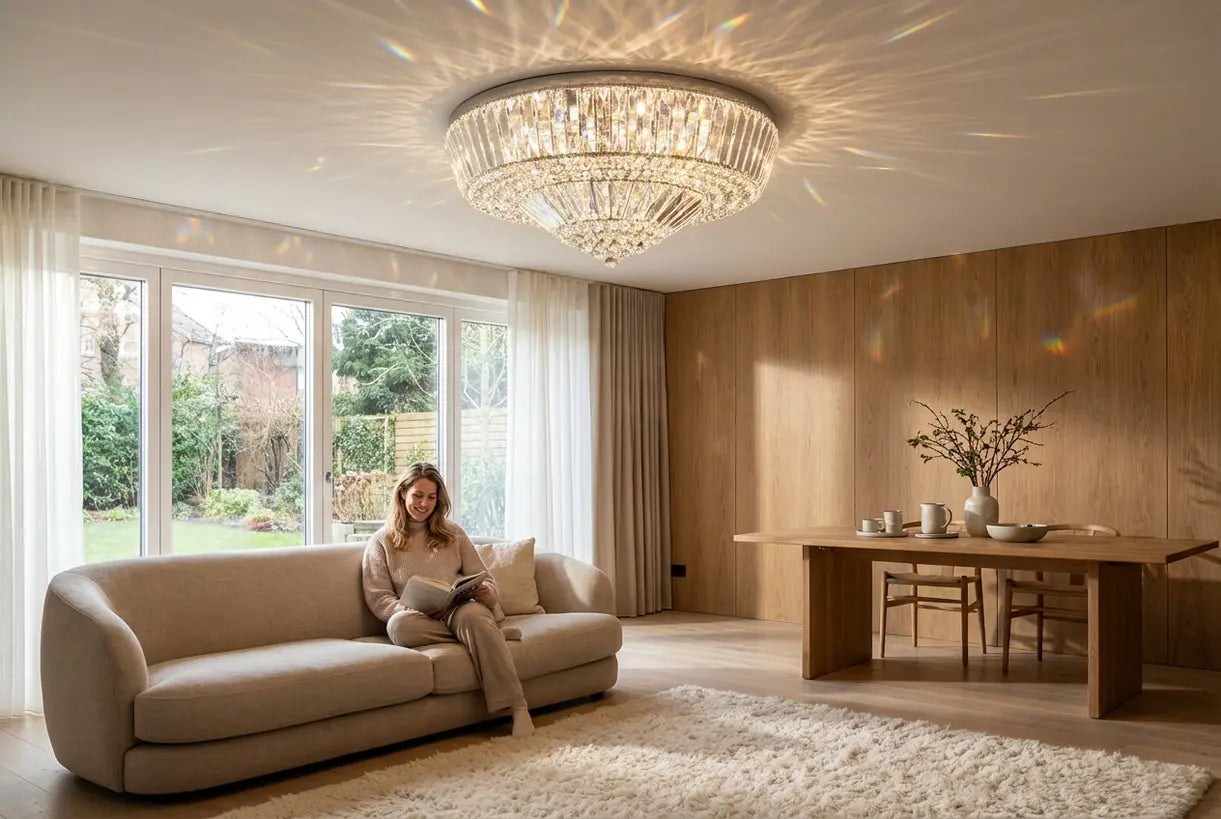 Elegant Scandinavisch interieur met sprankelende kristallen plafondlamp die eetruimte verlicht