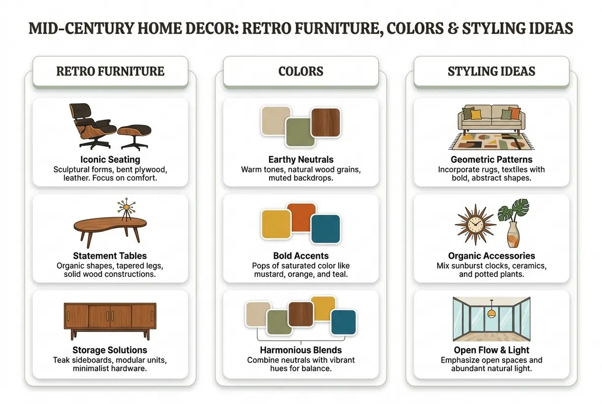 Mid-Century Home Decor: Retro Furniture, Colors & Styling Ideas for a Classic Look - infographic
