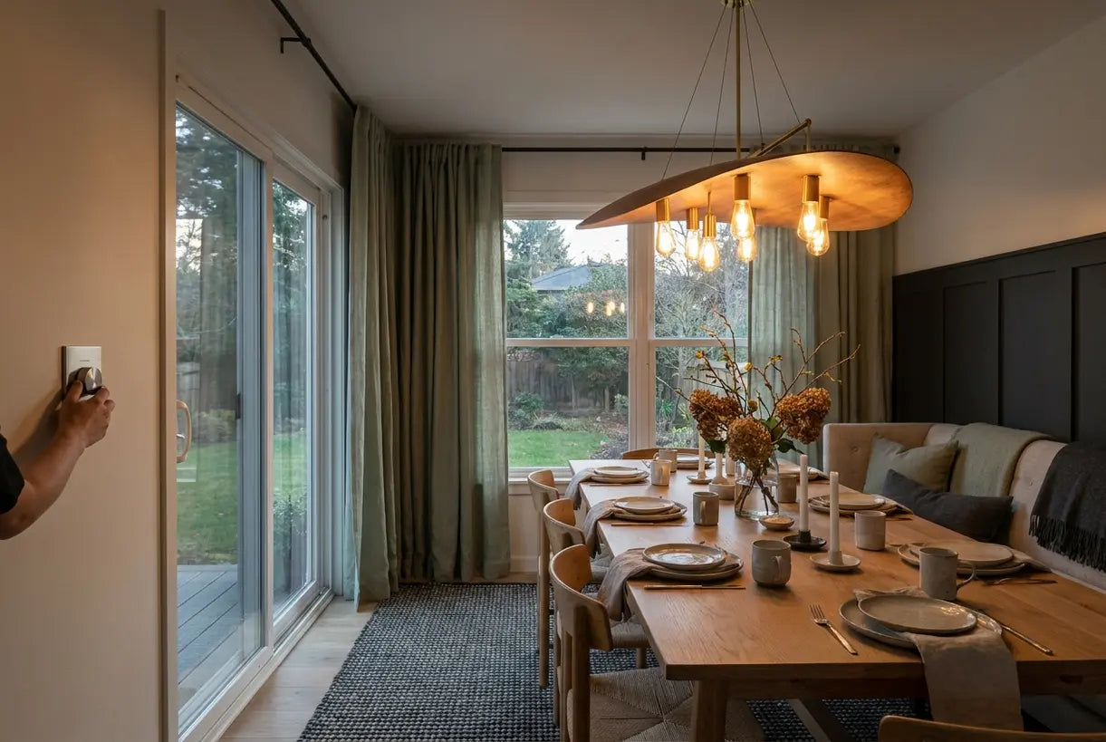 Scandinavian dining room with dimmable chandelier creating perfect ambience for dining