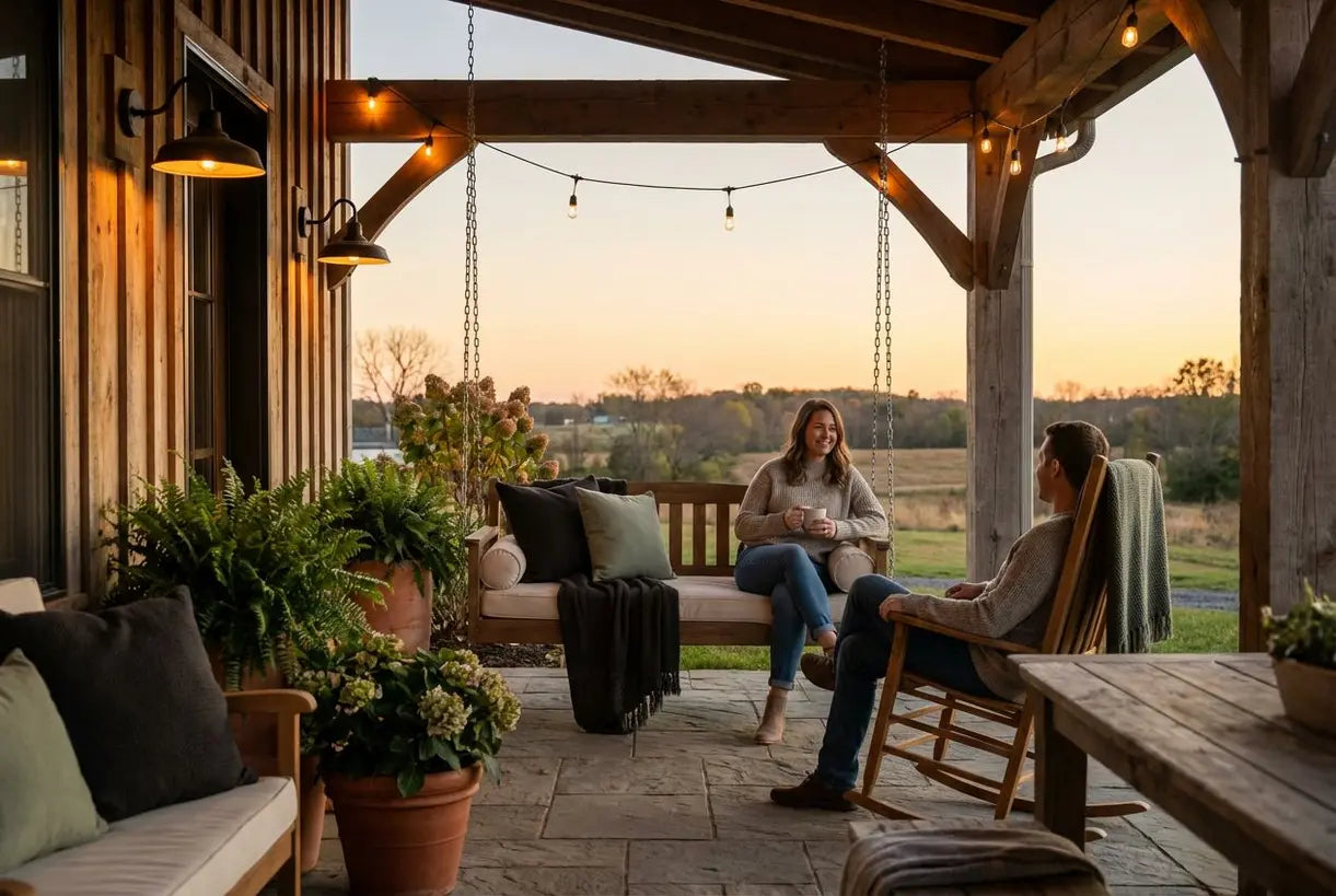 Boerderij veranda met rustieke buitenverlichting bij zonsondergang