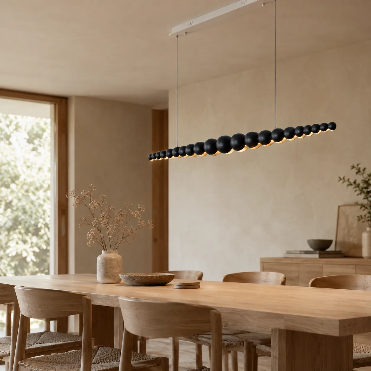 Strengla Zwart Houten Kralen Lineaire Hanglamp