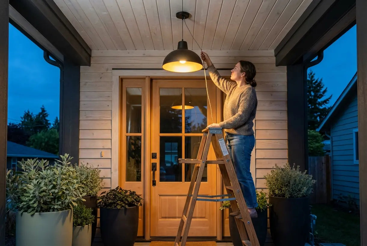 Persoon die een moderne zwarte buiten hanglamp installeert op een Scandinavische veranda bij schemering
