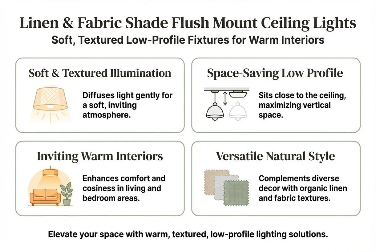 Linnen & Stoffen Kap Plafondlampen: Zachte, Getextureerde Low-Profile Armaturen voor Warme Interieurs - infographic