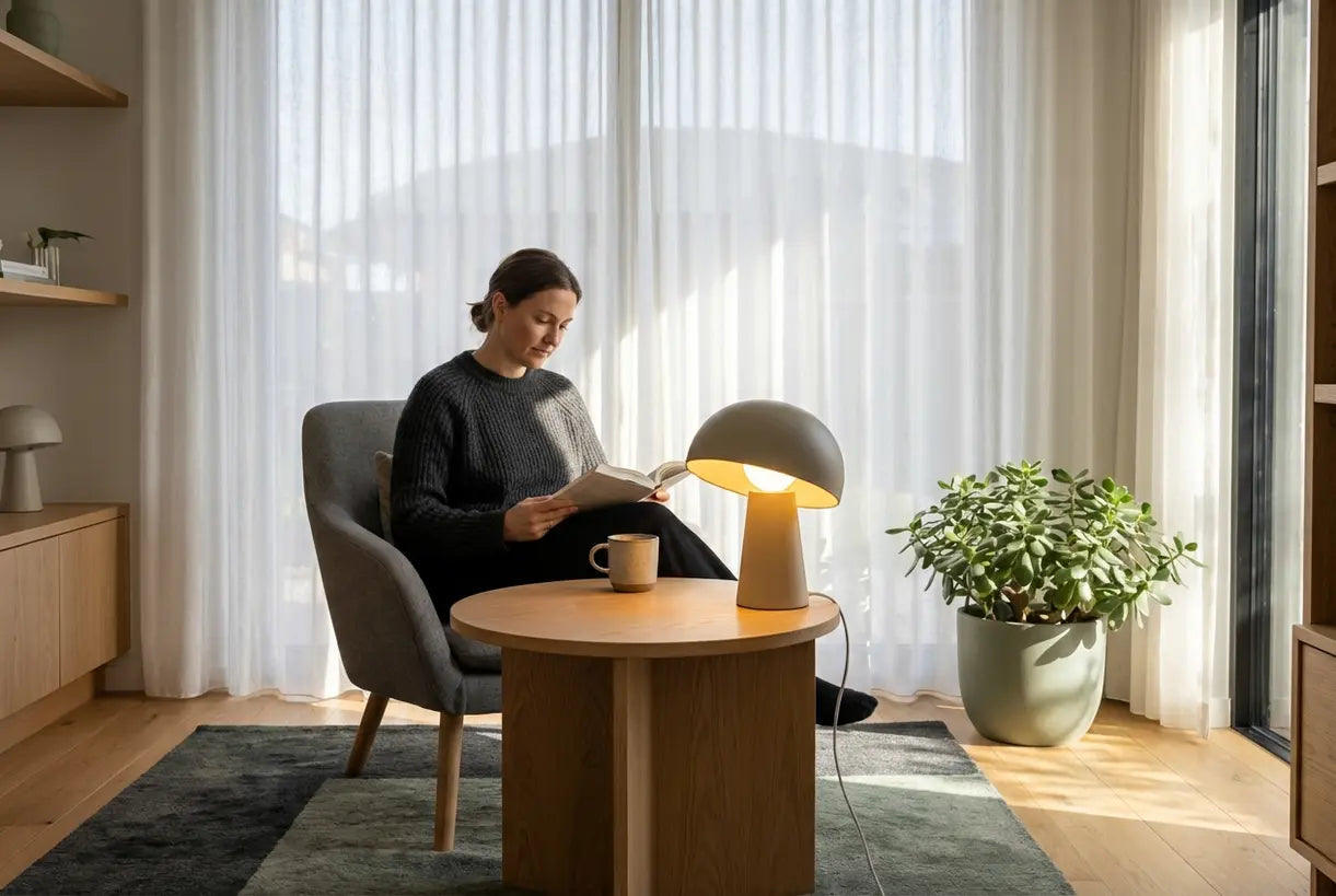 Scandinavische woonkamer met een moderne tafellamp die warm sfeerlicht geeft naast een leesstoel