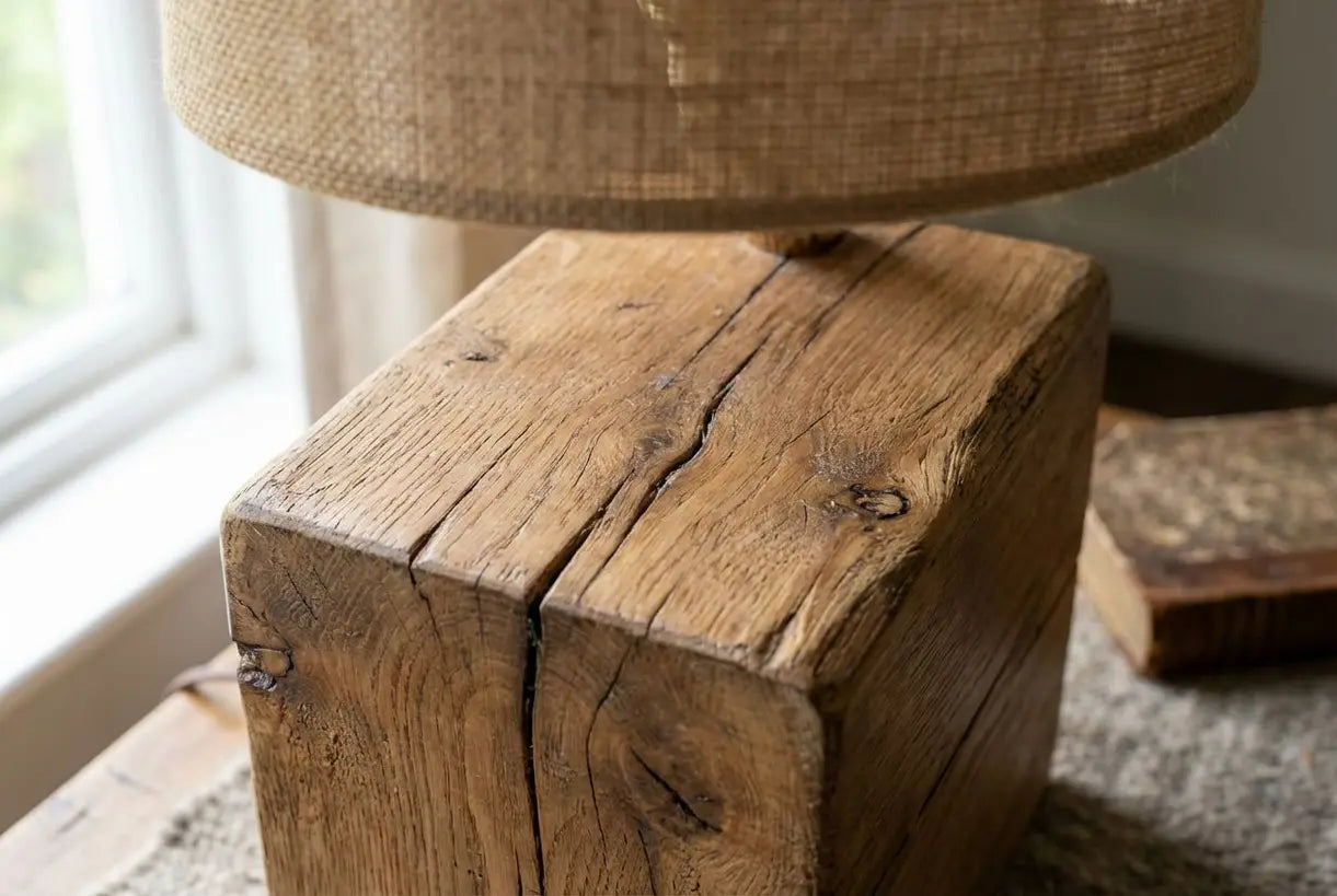 Close-up van natuurlijke houtnerftextuur op een voet van een farmhouse vloerlamp met warme omgevingsverlichting