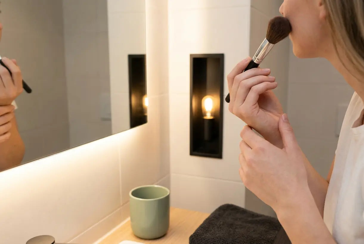 Woman applying makeup under flattering bathroom vanity lighting
