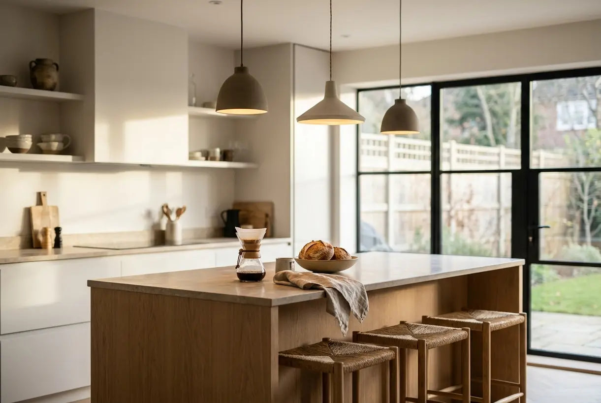 Three pendant lights hanging over a kitchen island