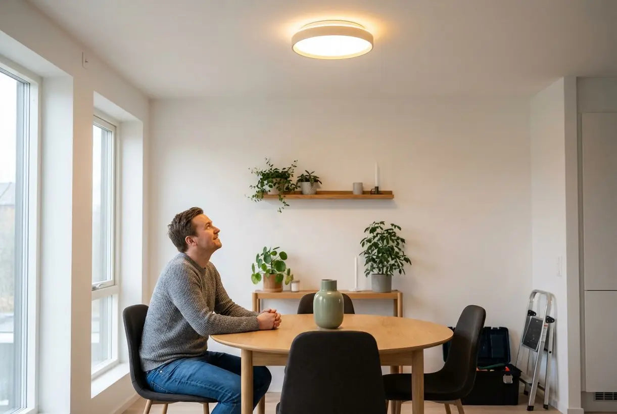 Voltooide LED-plafondlamp installatie gloeiend in moderne Scandinavische eetkamer