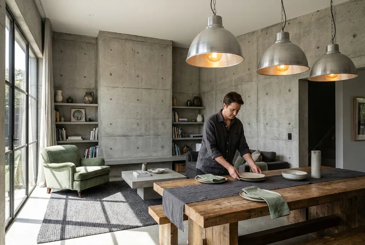 Brutalist interior design living room with industrial pendant lights and concrete walls