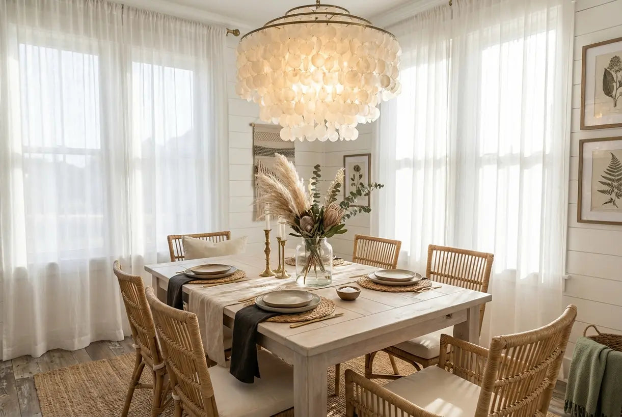 Eetkamer in kuststijl met een hanglamp van capizschelpen boven een houten tafel