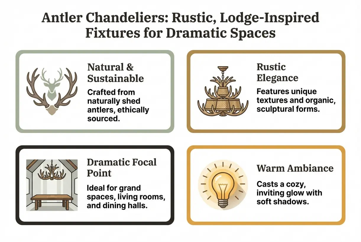 Geweikroonluchters: Rustieke, Lodge-geïnspireerde armaturen voor dramatische ruimtes - infographic