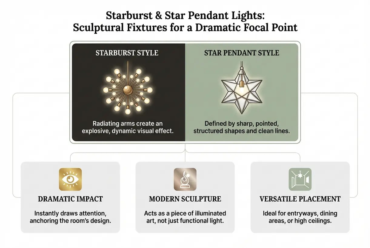 Starburst & Ster Hanglampen: Sculpturale Armaturen voor een Dramatisch Middelpunt - infographic