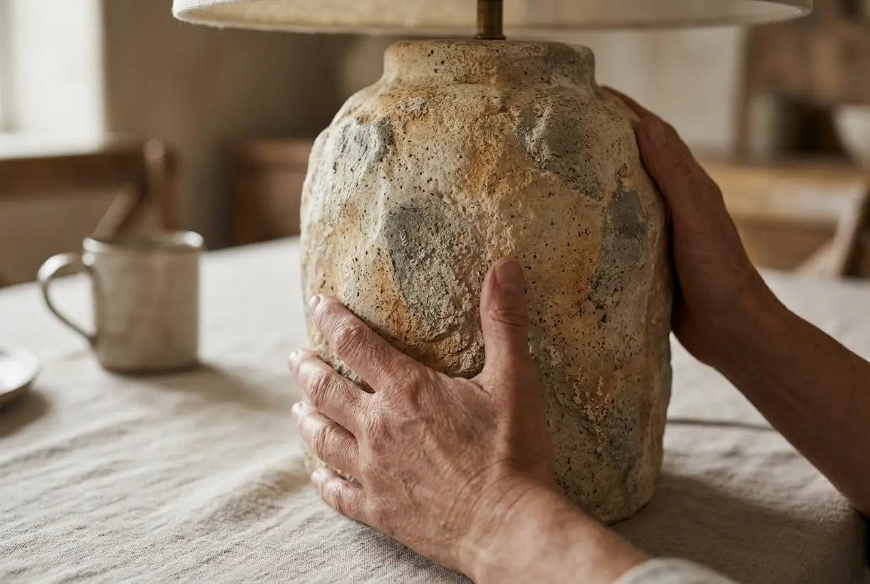 Close-up of stone effect lamp base showing organic texture and craftsmanship