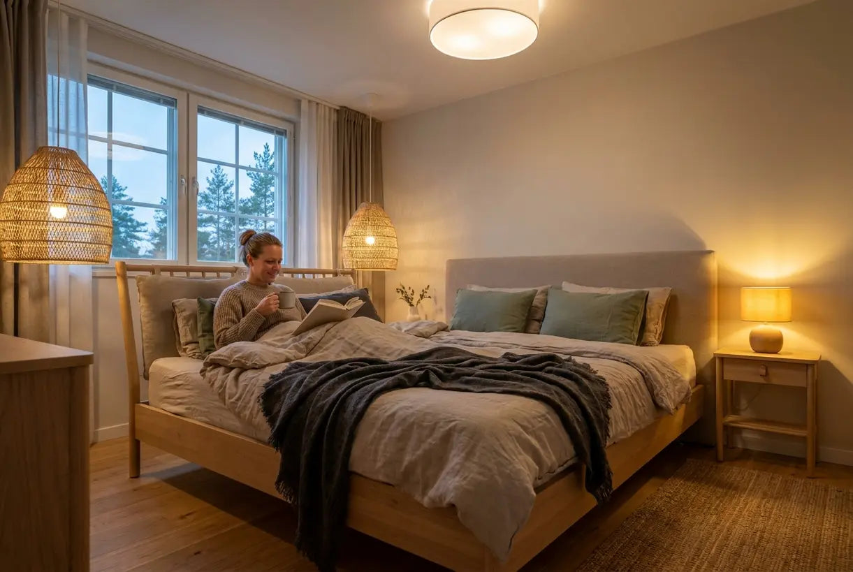 Person reading in Scandinavian master bedroom with layered pendant lights and warm ambient lighting design