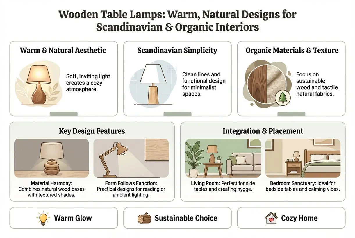 Houten tafellampen: Warme, natuurlijke ontwerpen voor Scandinavische en organische interieurs - infographic
