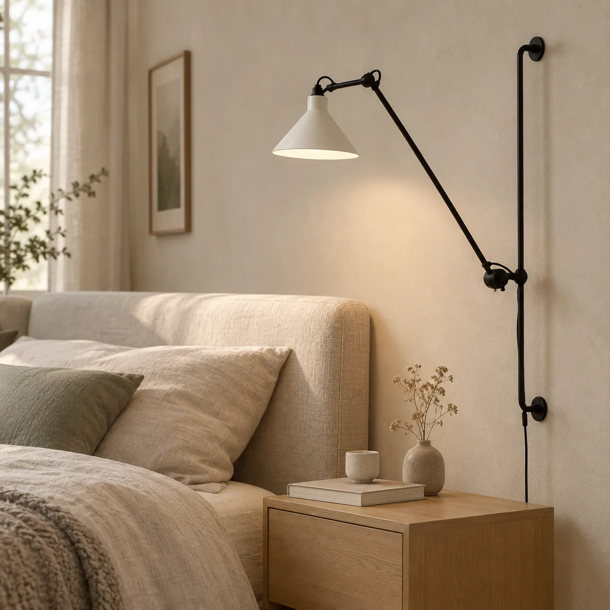 Svinga Adjustable Iron Swing Arm Wall Sconce, styled in a Scandinavian interior