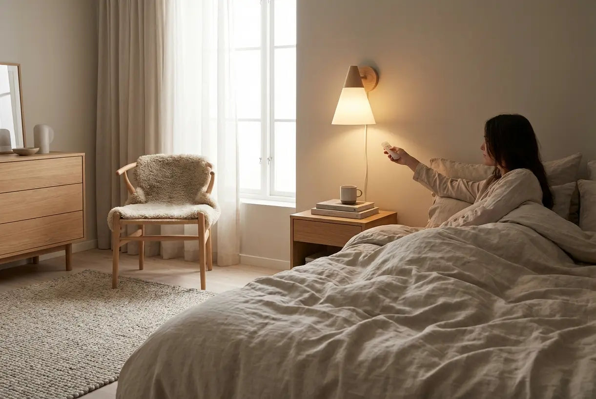 Scandinavische slaapkamer met draadloze wandlamp en afstandsbediening