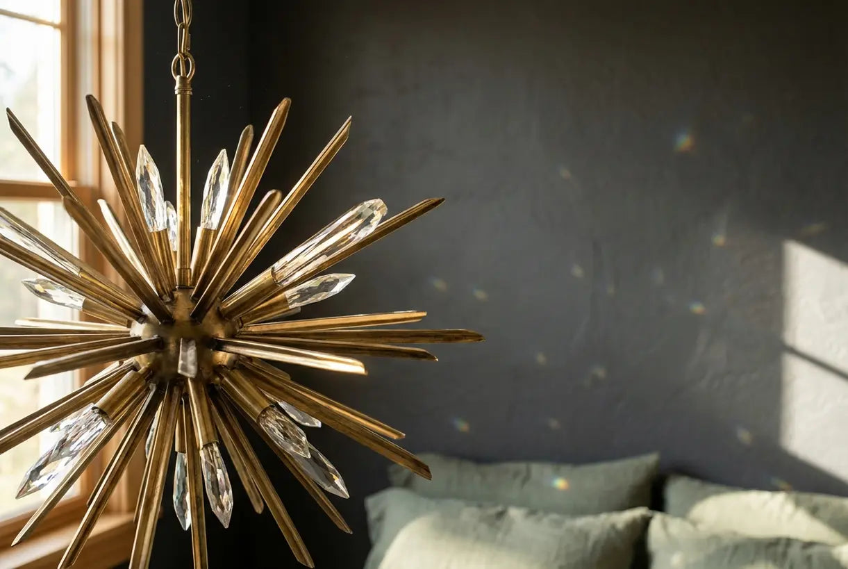 Messing starburst hanglamp detail met kristallen accenten en warme gloed