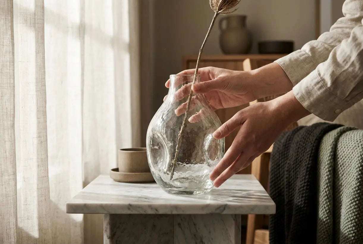 Hands arranging sculptural glass vase on marble surface, modern home decor styling detail
