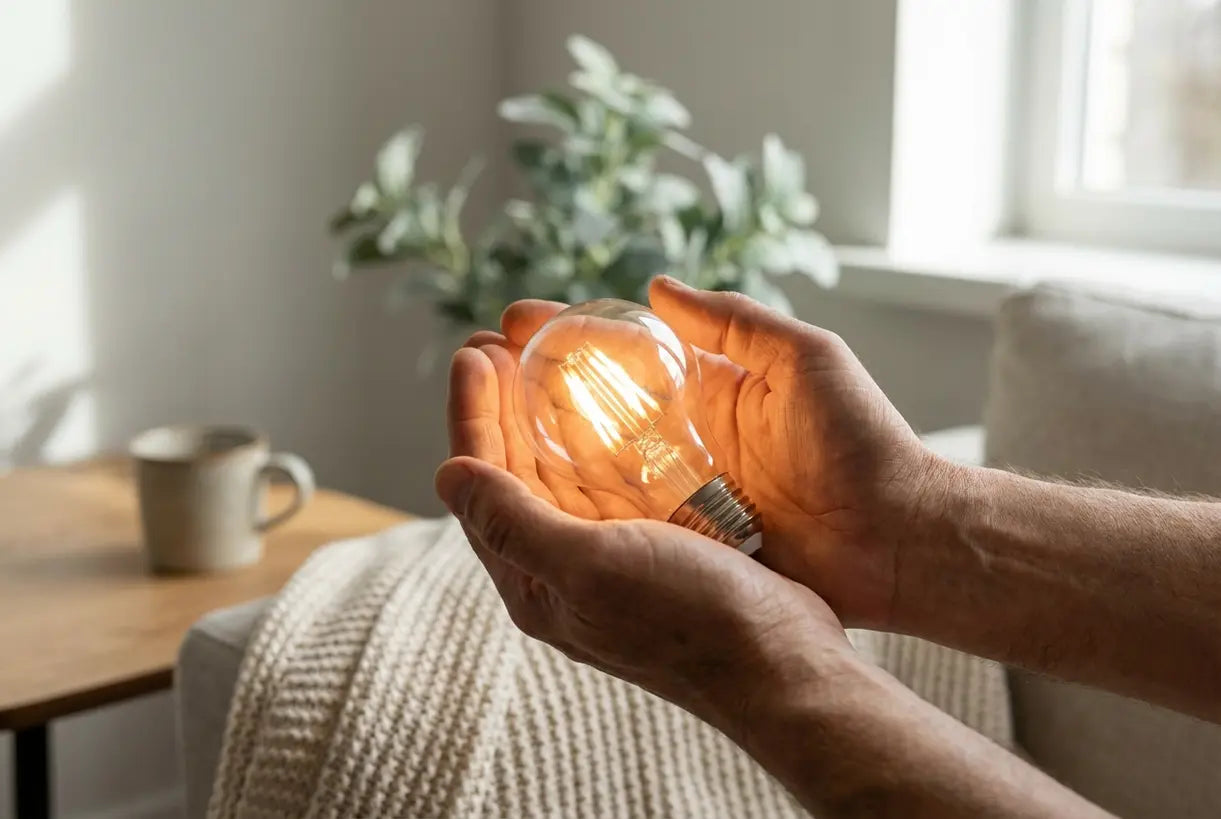 Handen houden LED-lamp vast voor energievergelijkingsgids