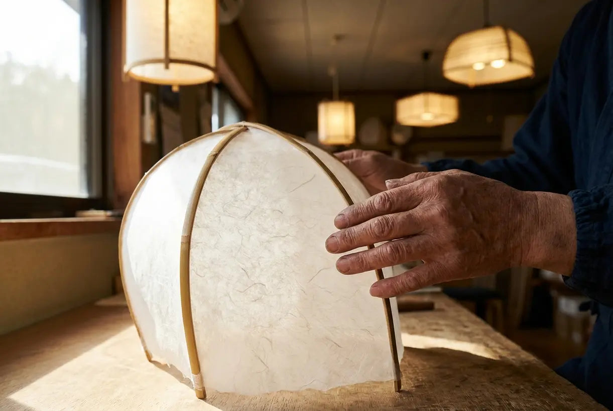 Ambachtsman die washi-papier met de hand maakt voor Japanse plafondlamp