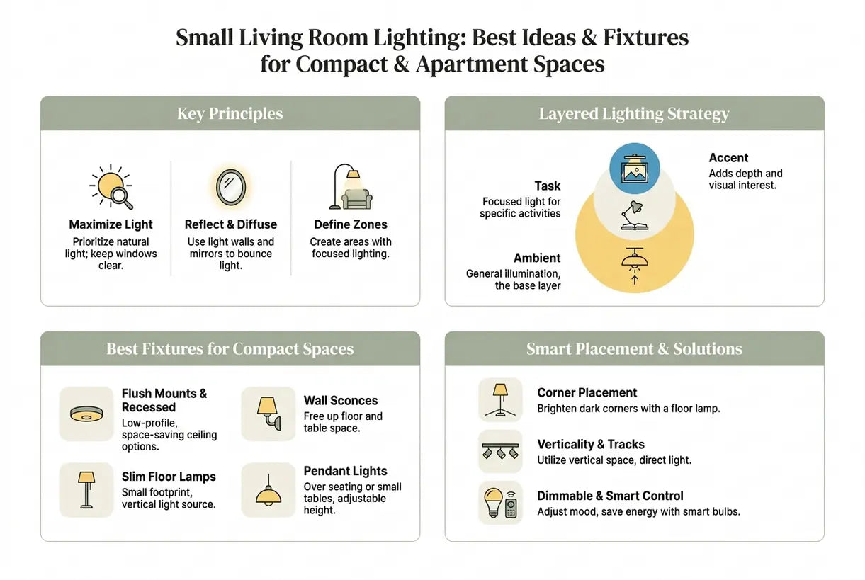 Small Living Room Lighting: Best Ideas & Fixtures for Compact & Apartment Spaces - infographic