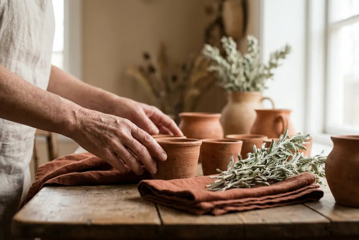 Hands arranging terracotta pottery and linen textiles for earthy tones interior design