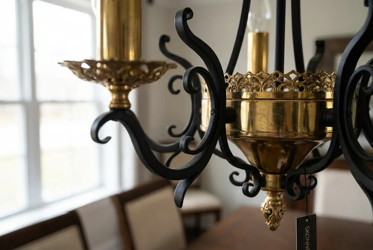 Close-up of black and gold chandelier metalwork details showing two-tone contrast