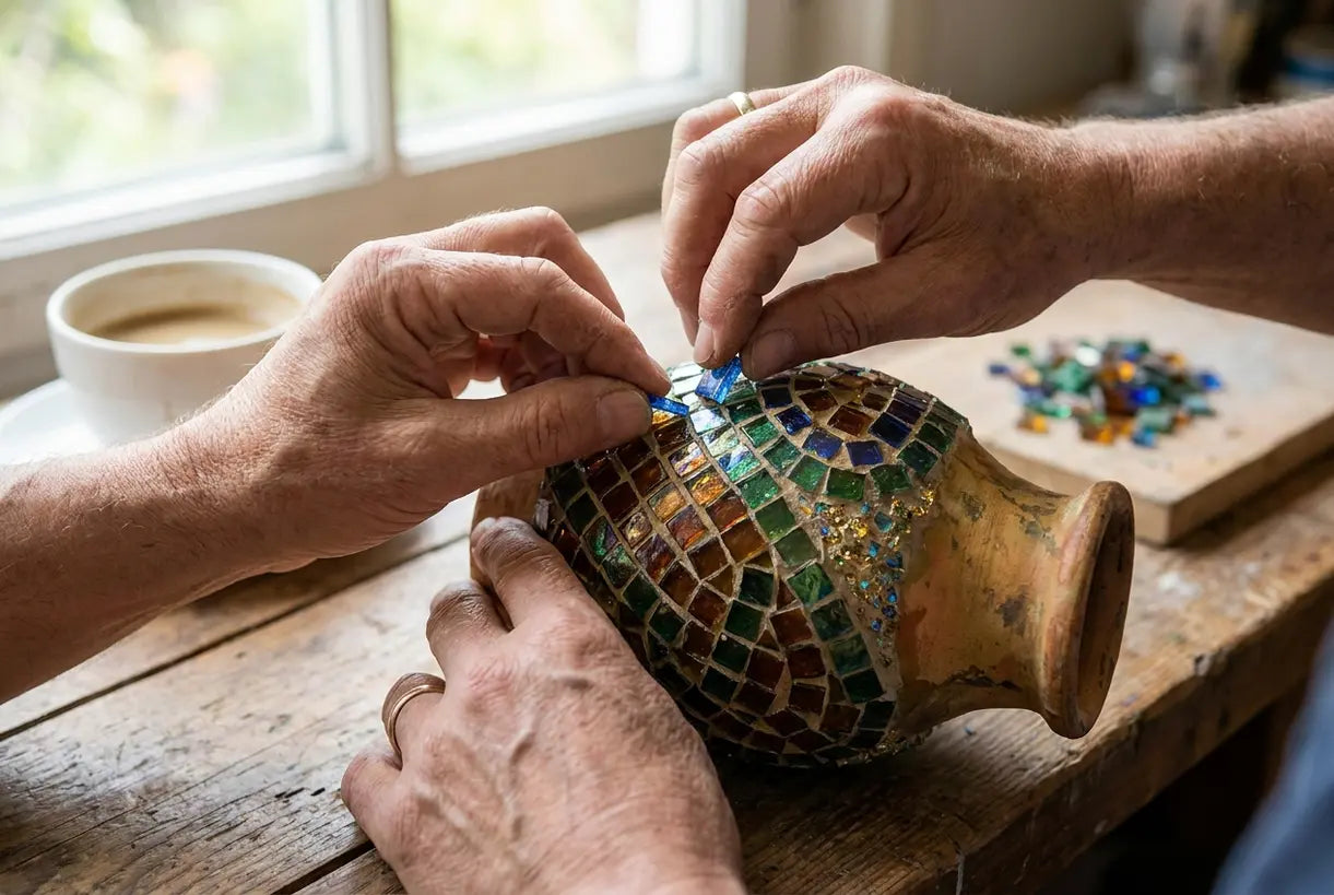 Artisan hands crafting a mosaic flower vase with colorful glass tiles