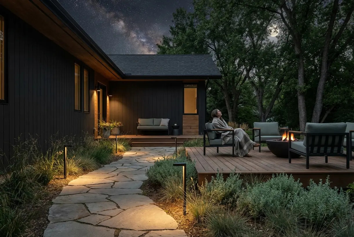 Terras met dark-sky-conforme verlichting, zichtbare sterren en warm verlichte paden