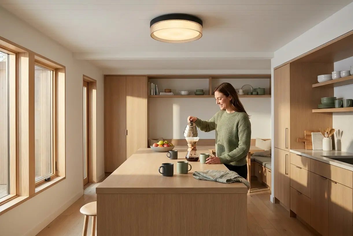Modern Scandinavian kitchen with low-profile flush mount lighting over dining area